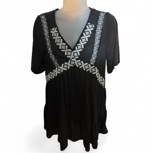 Hayden Tops - Black and White Embroidered Peplum Top